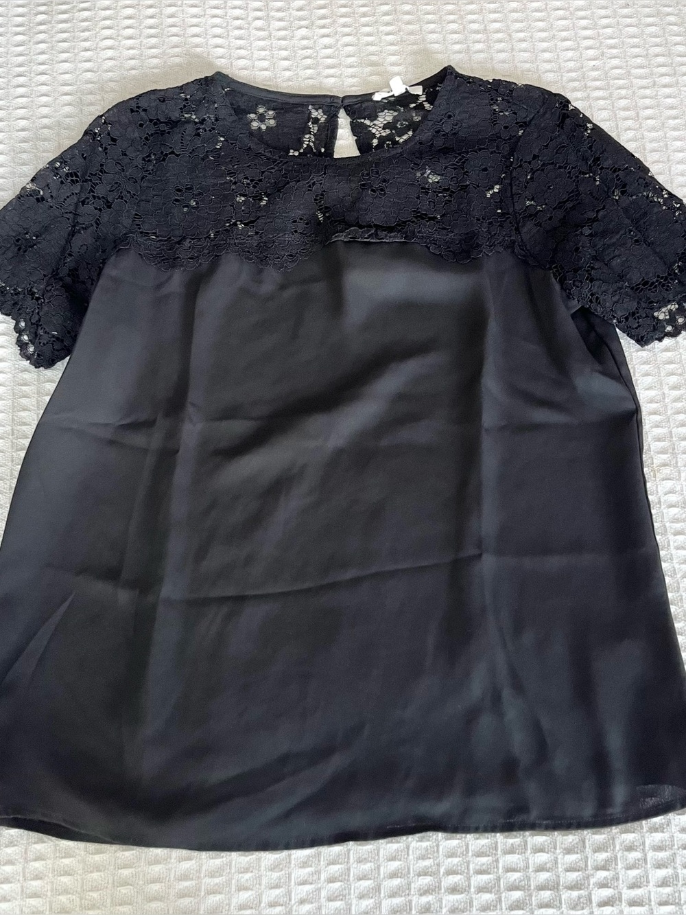 Pleione Black Lace Yoke Short Sleeve Blouse XS